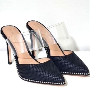 BCBG Harlina Black Breach Heels with Silver Bead Trim and Clear Strap Size 8